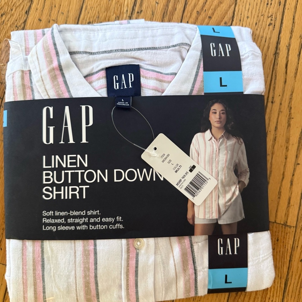 GAP White Linen Button-Down with Pink & Green Stripes